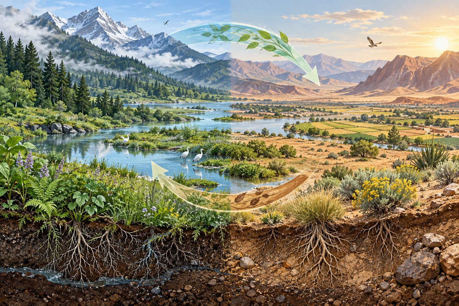 不同环境的适生植物与本地生态系统插画