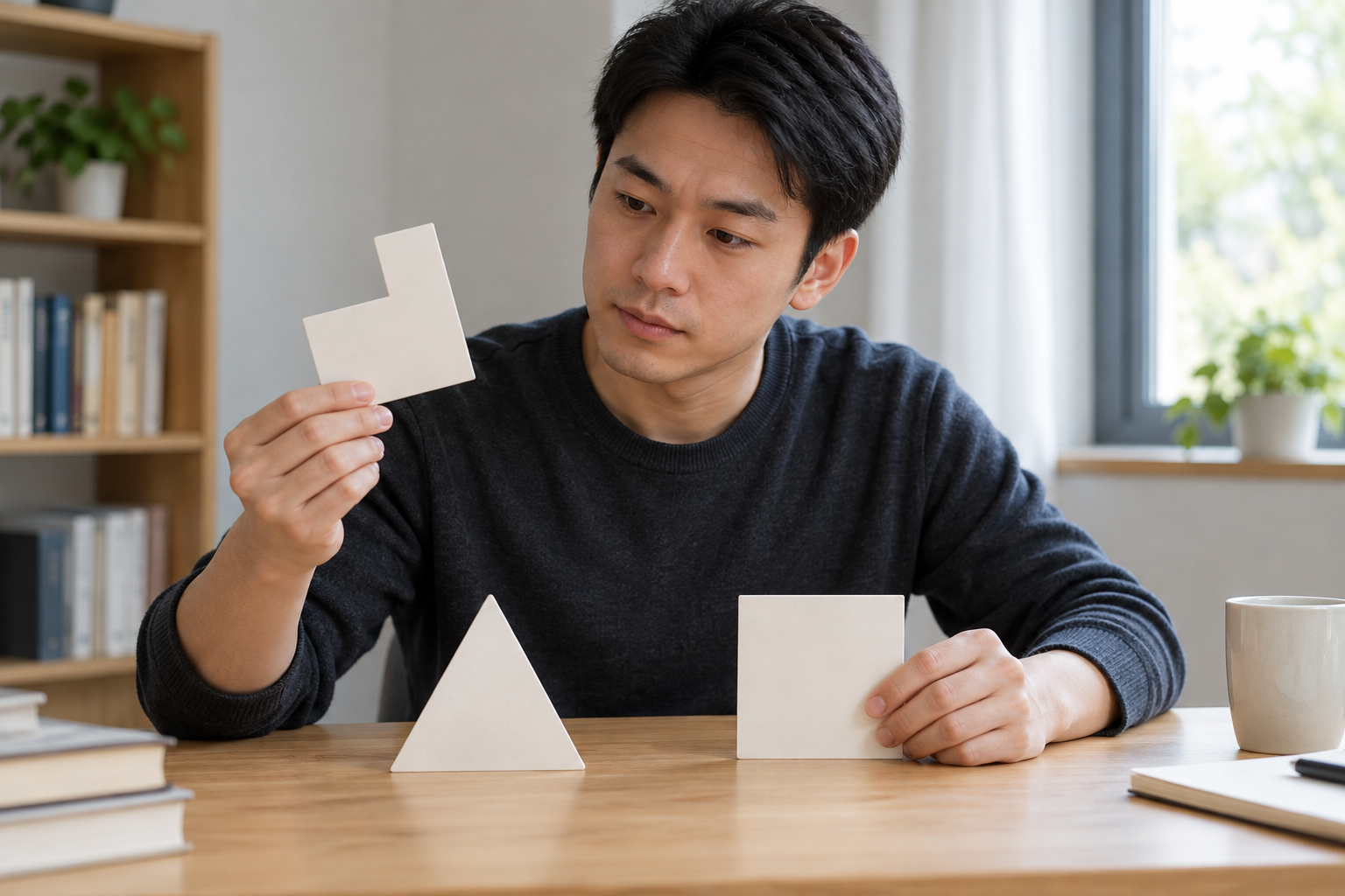 成年考生在明亮书桌上转动无文字几何卡片观察方向变化