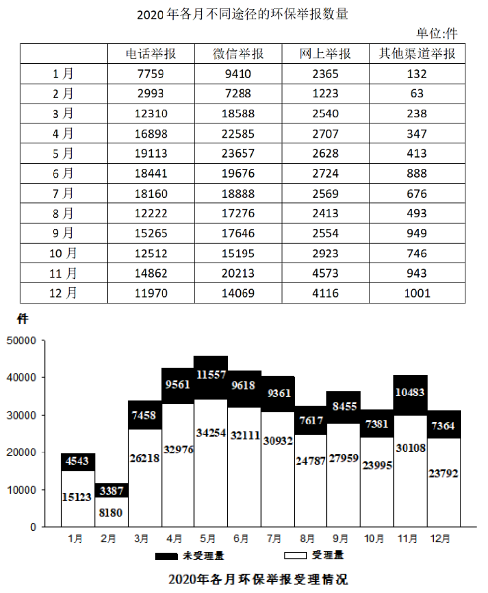 原题2020年各月举报渠道表及受理情况堆积图，单位件；黑色为未受理、白色为受理。