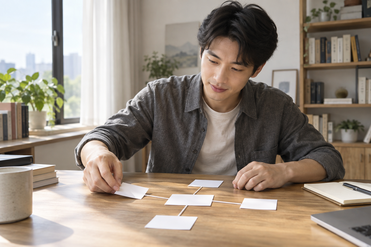 中国成年考生在自然光书桌前把案例卡片连接到中心观点卡片