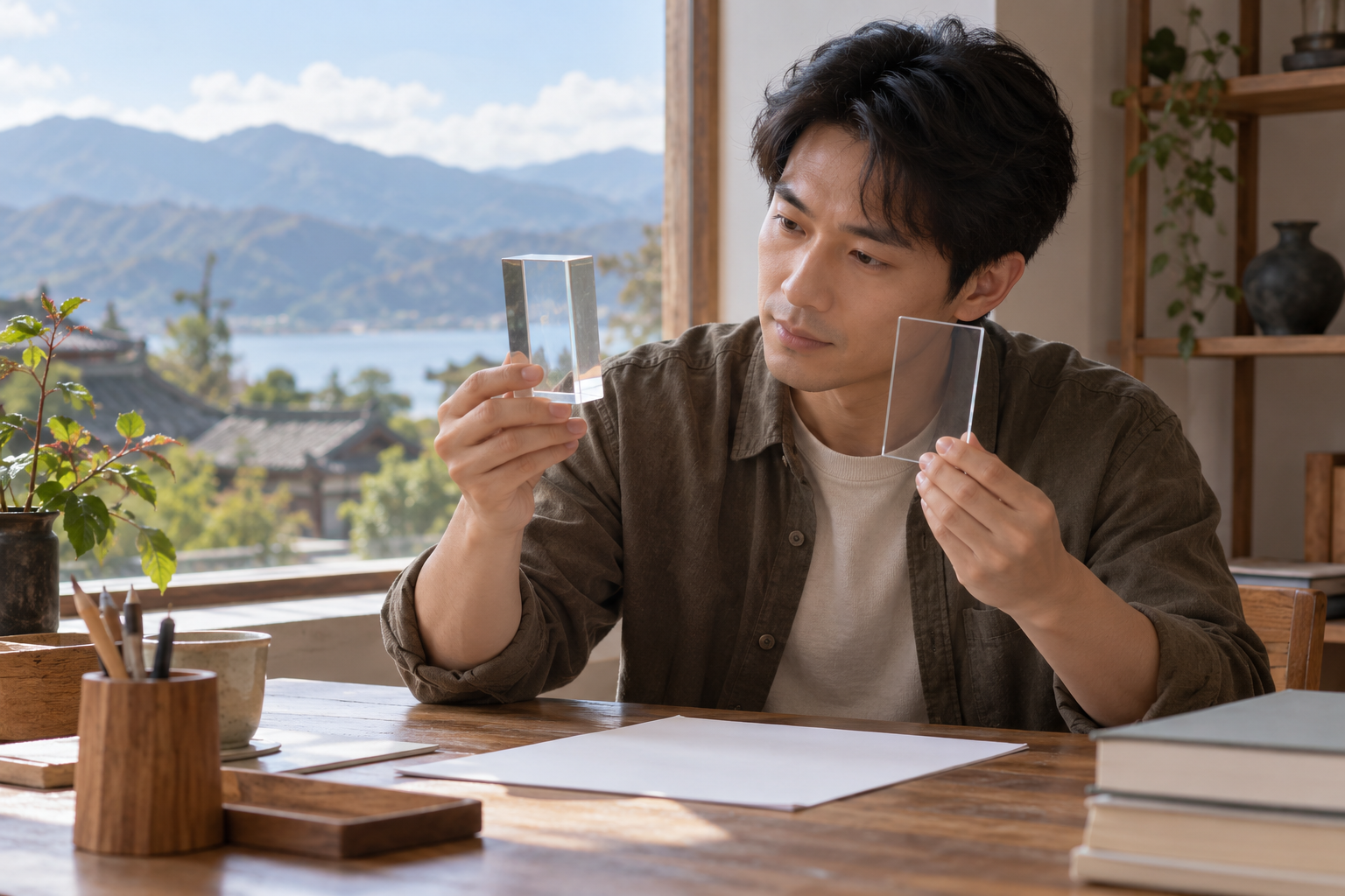 中国成年男性考生在桌面比较无标识厚透明平板与薄透明片