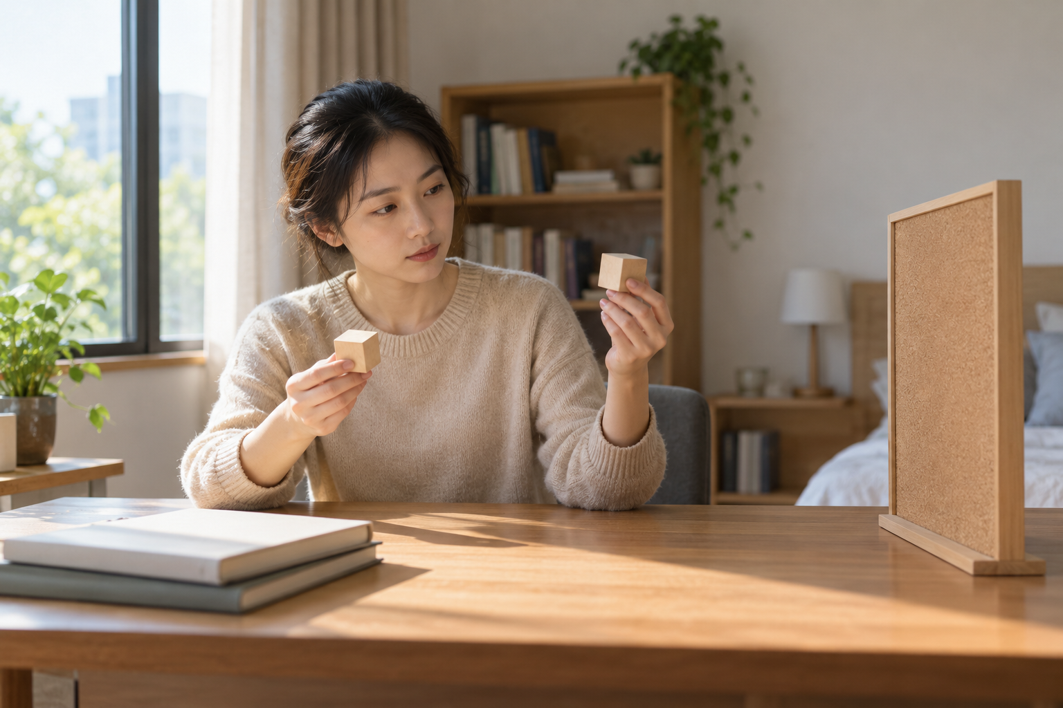 虚构中国成年女考生在窗边学习桌旁观察木块与独立软木板