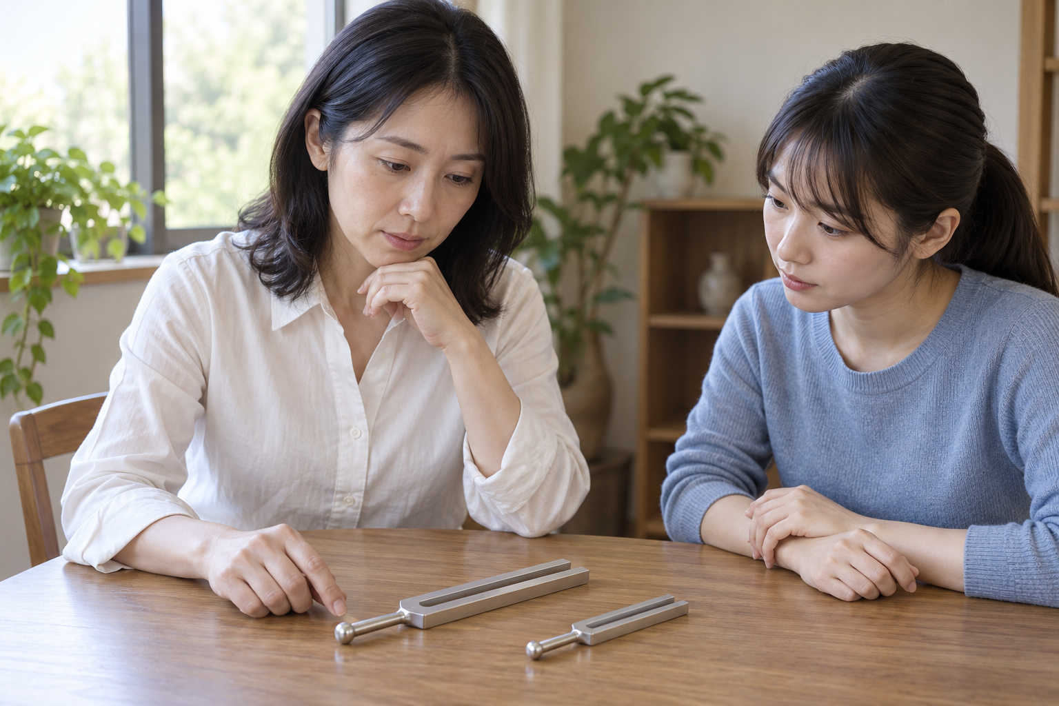 中国成年教师与考生在学习桌旁观察两支无刻字的金属音叉