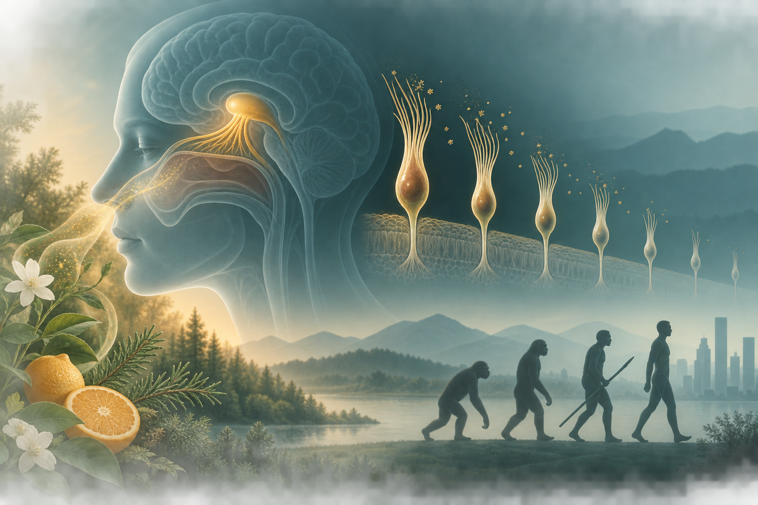 嗅觉受体与大脑嗅觉信息处理的概念插画