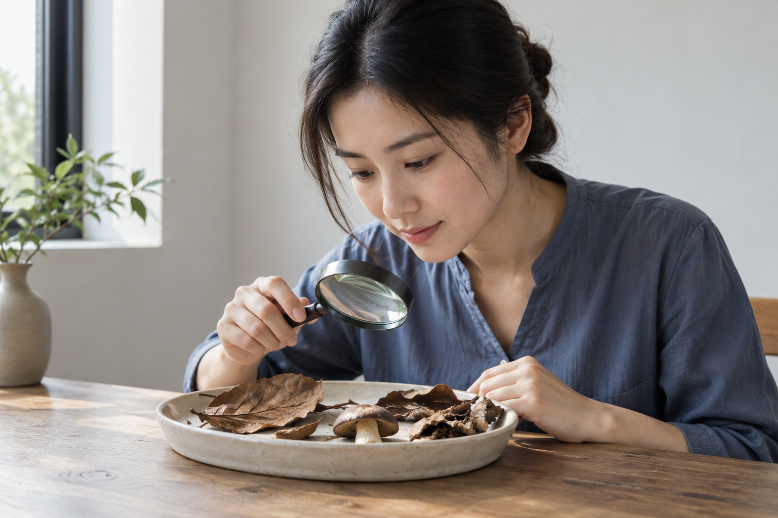 成年女性考生用放大镜观察浅盘中的落叶与蘑菇道具