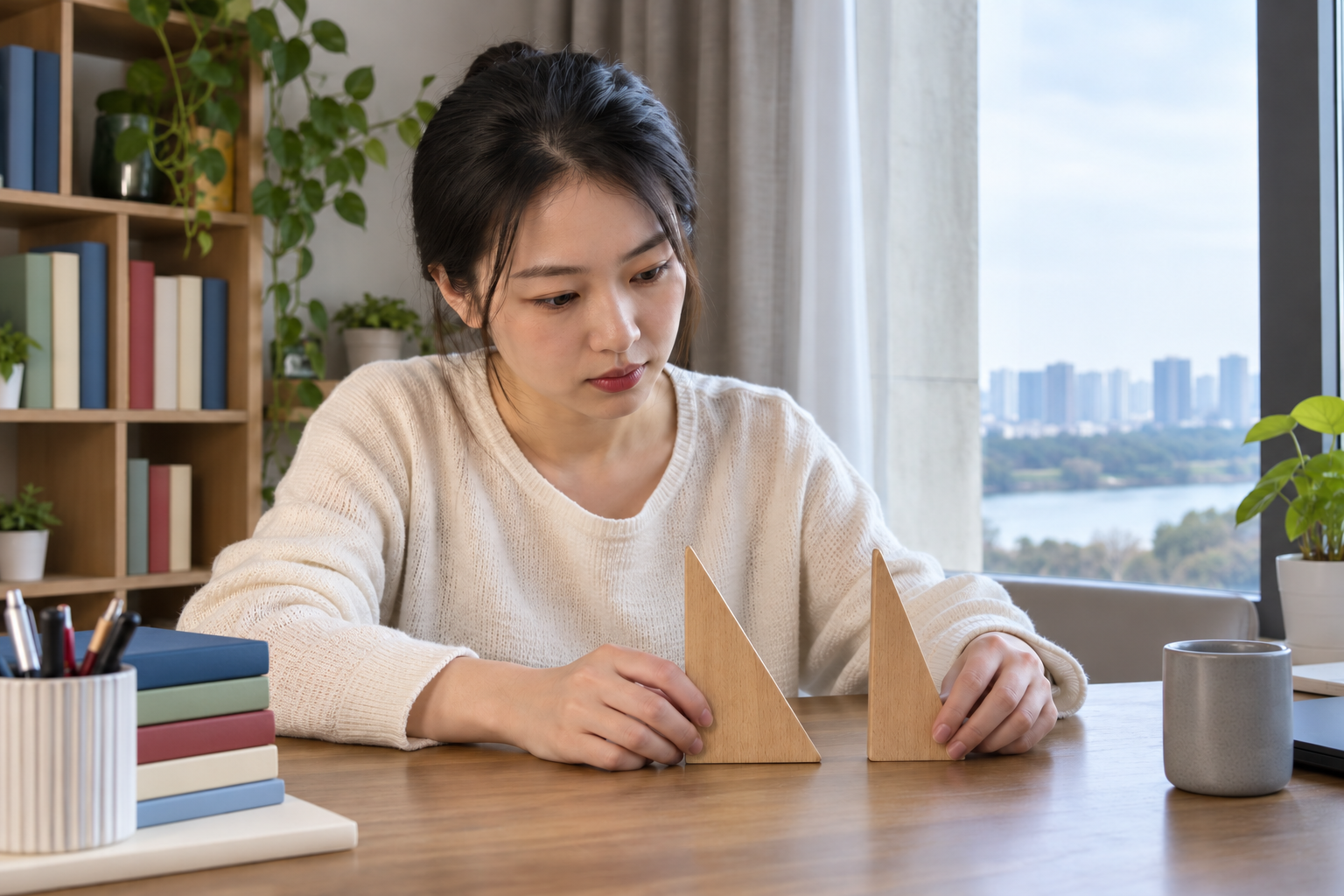 中国成年女考生在窗边学习桌对齐两块无字木三角片