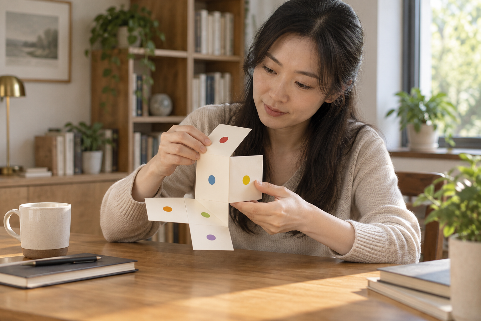 成年考生在桌面折叠无文字立方体纸模核对相邻面与朝向
