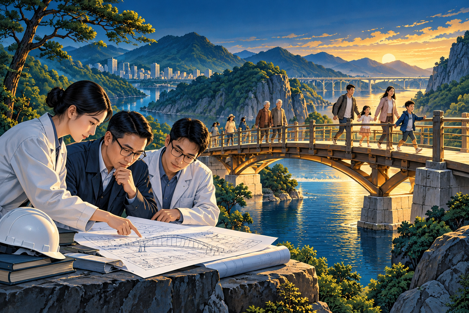 科学蓝图与社区花园相融的教育插画