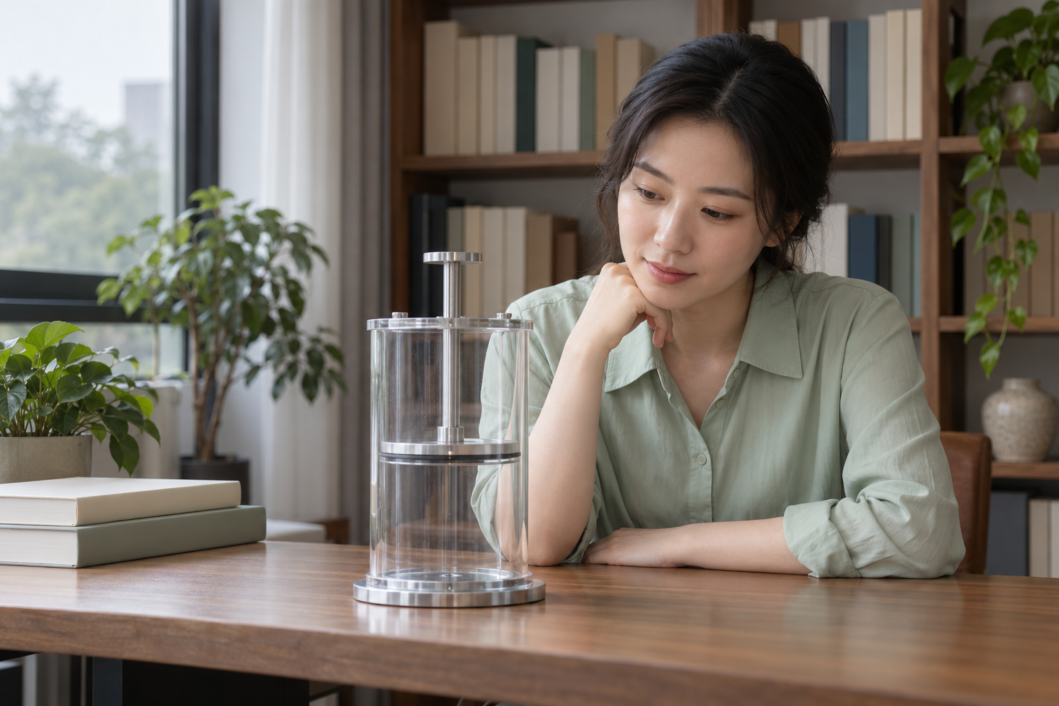 中国成年女考生观察书桌上无刻度透明活塞教学道具