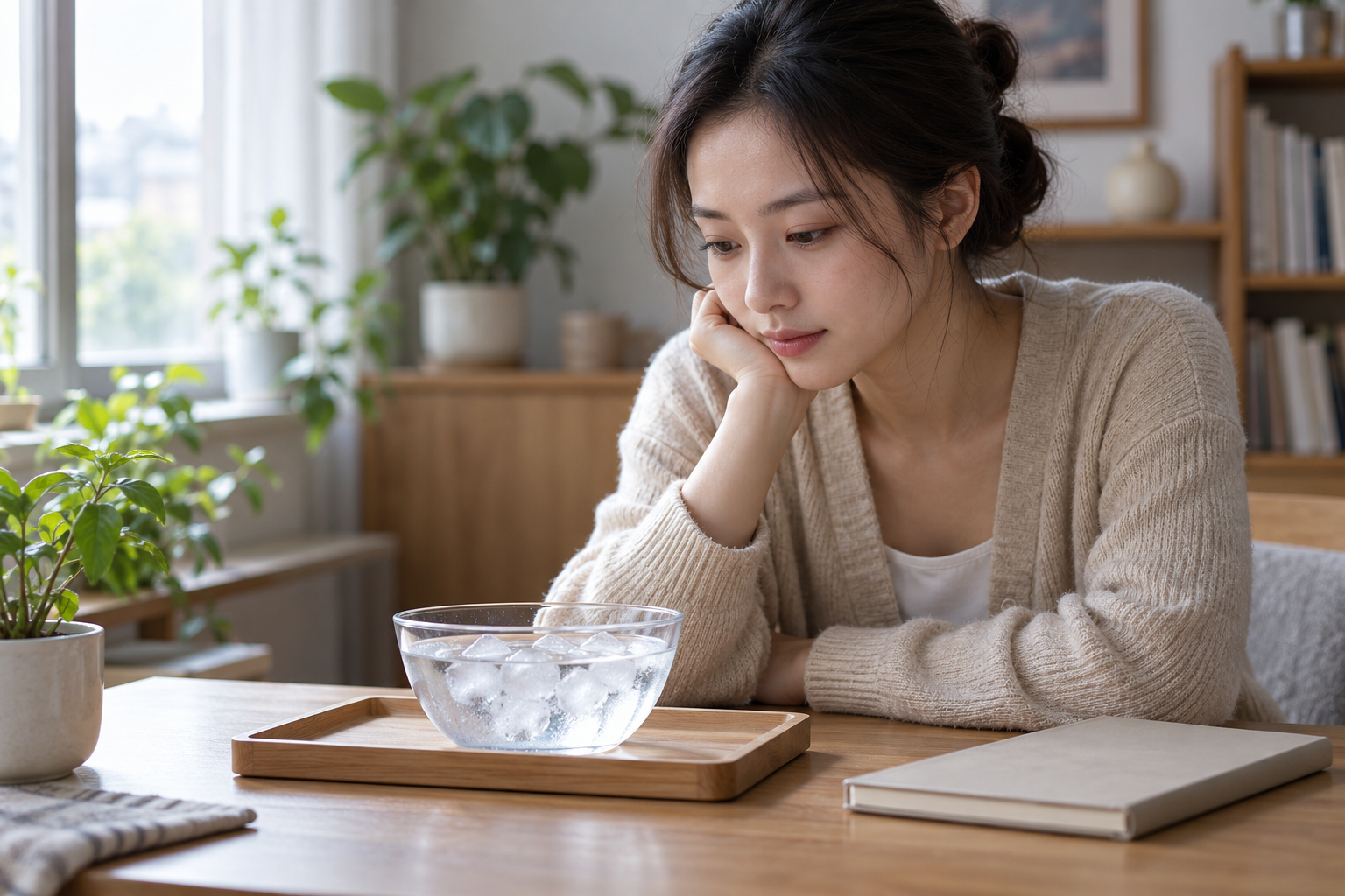 中国成年女考生在桌前观察玻璃碗中的冰水混合道具