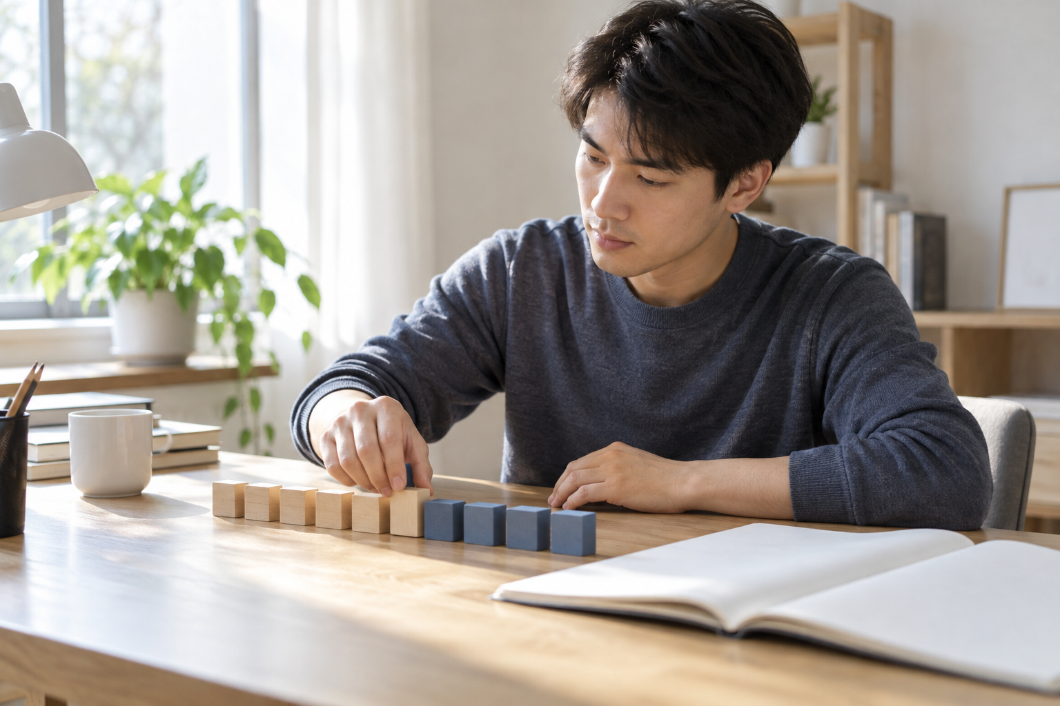 成年考生用两组无字木块梳理工程题的分段工作过程