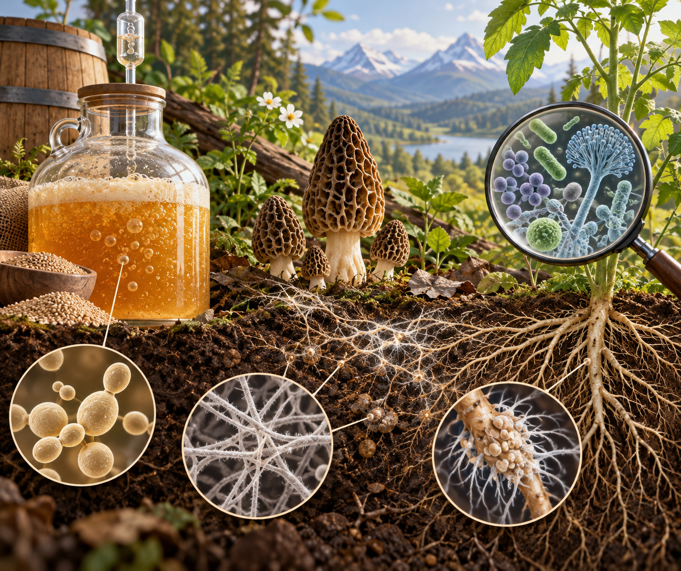 酵母、羊肚菌和植物菌根的微生物插画