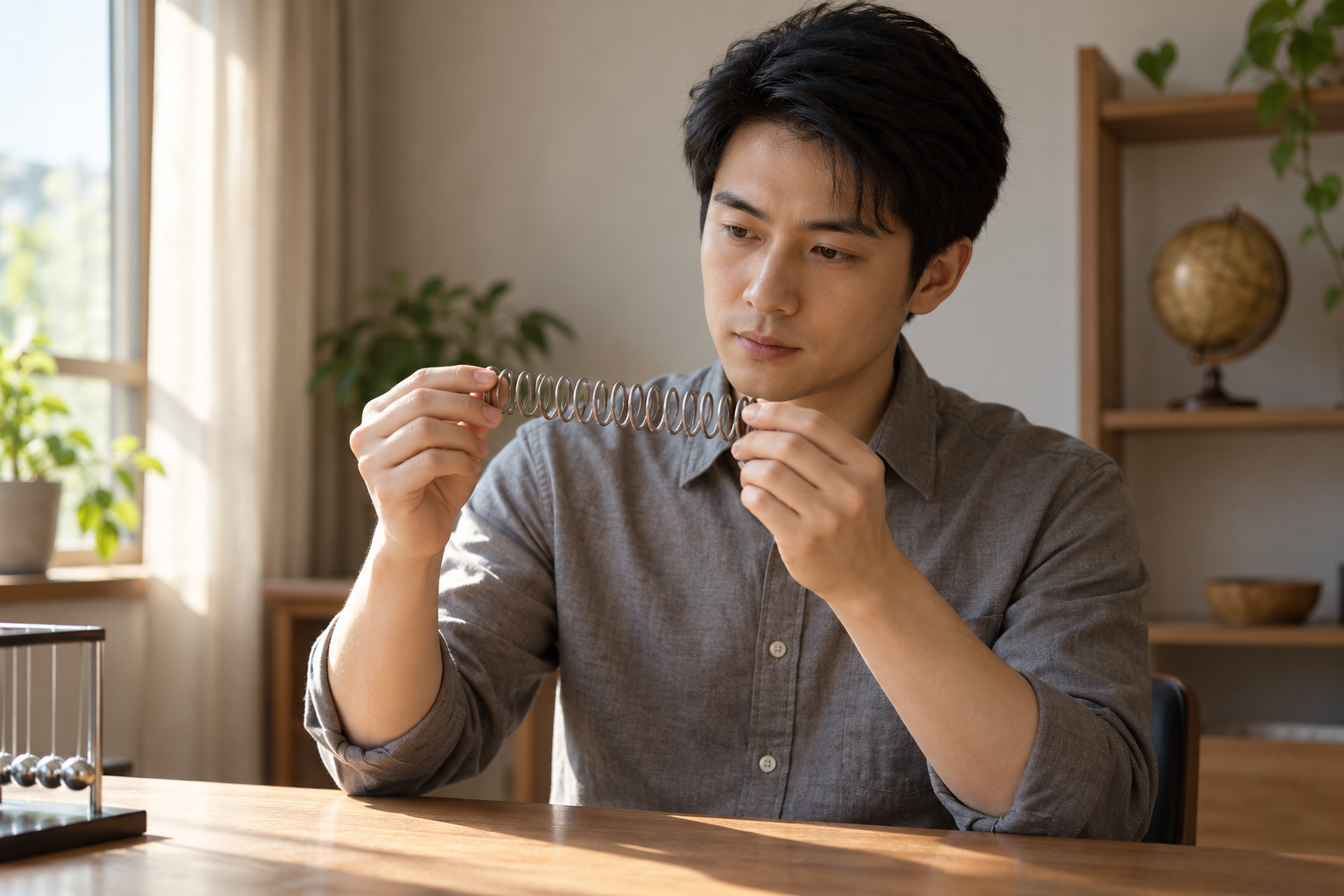 虚构中国成年考生在书房轻持无刻度弹簧道具，思考内部张力与整体合力的区别