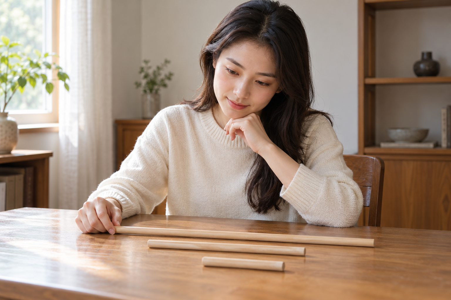 虚构中国成年女考生比较桌面上长短不同的素面木杆