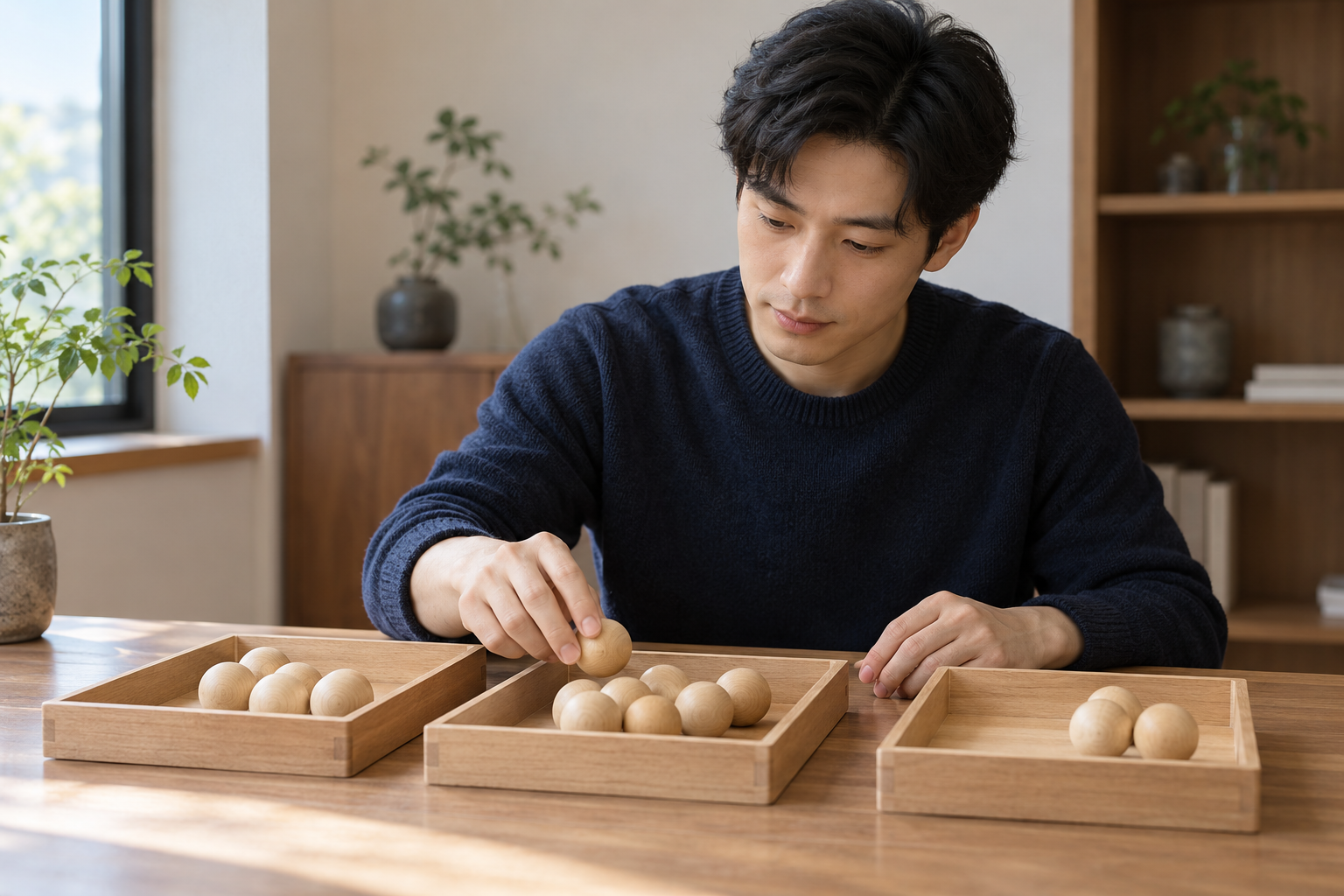 虚构中国成年男性将素面木球分放在几个浅木盘中
