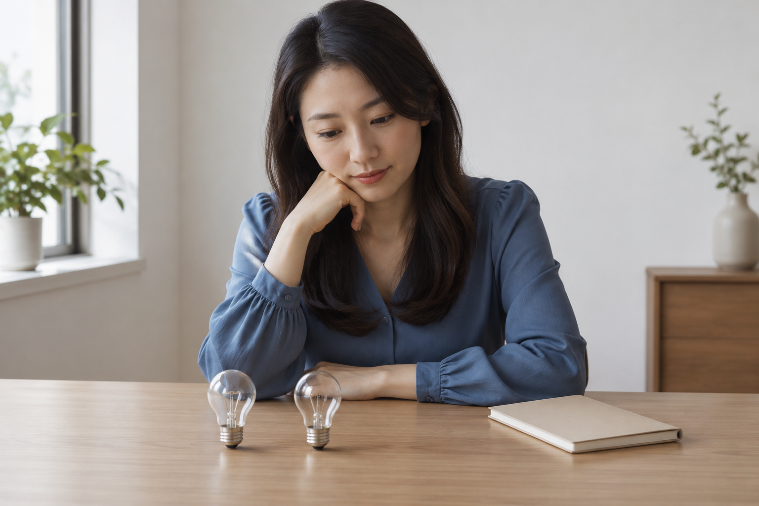 虚构中国成年女考生在书桌旁观察两只未点亮的无标识灯泡道具