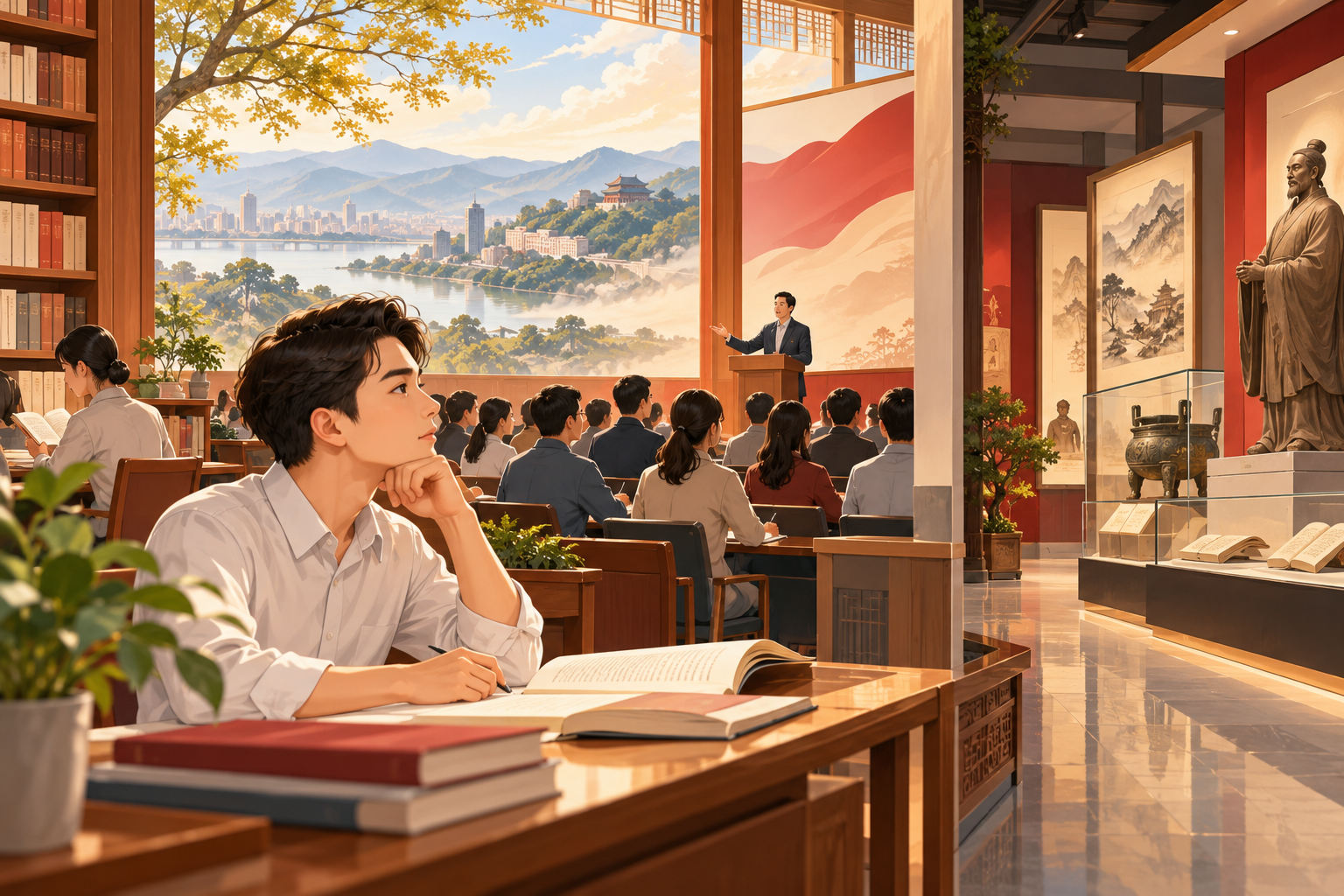理论学习与丰富文化内容相互联系的插画