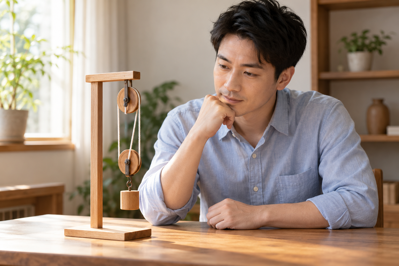 虚构中国成年考生观察桌面小型滑轮与绳索道具，思考有效承重绳段