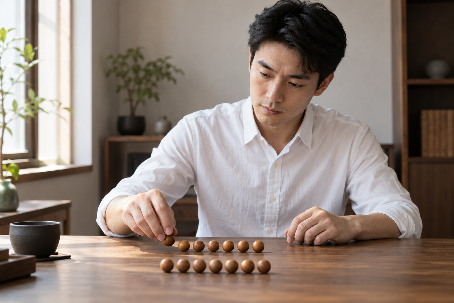 虚构中国成年男性在书桌上将一排素面木珠分成上下两部分