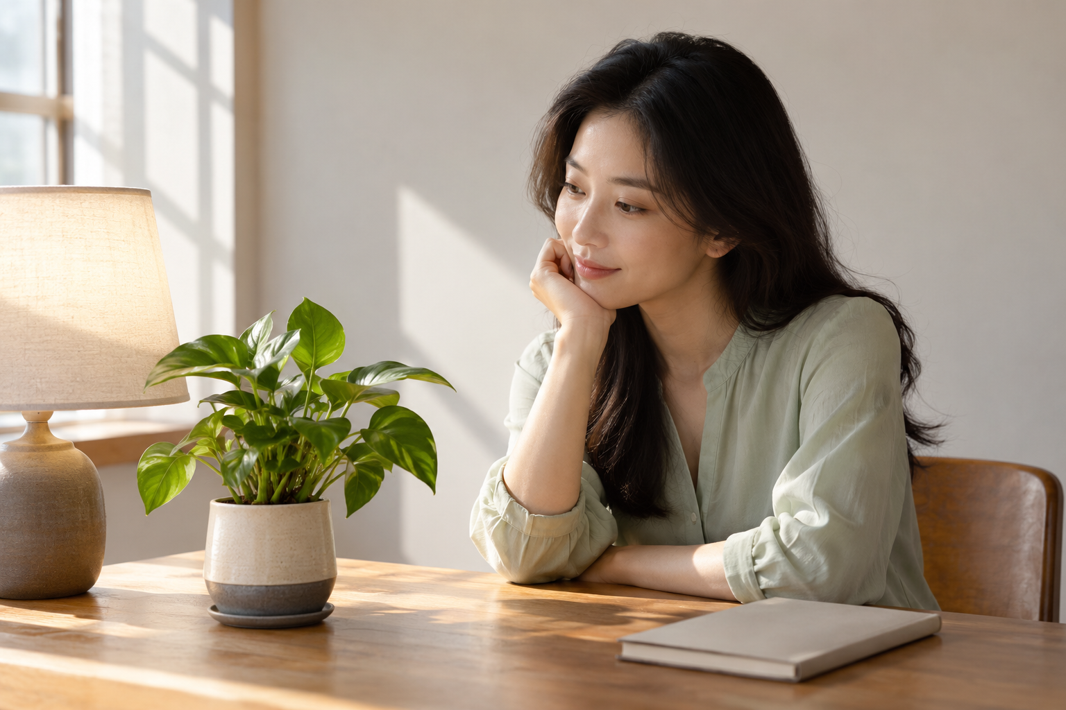 成年女性考生在窗边观察绿植与台灯，思考光照下的植物生命活动