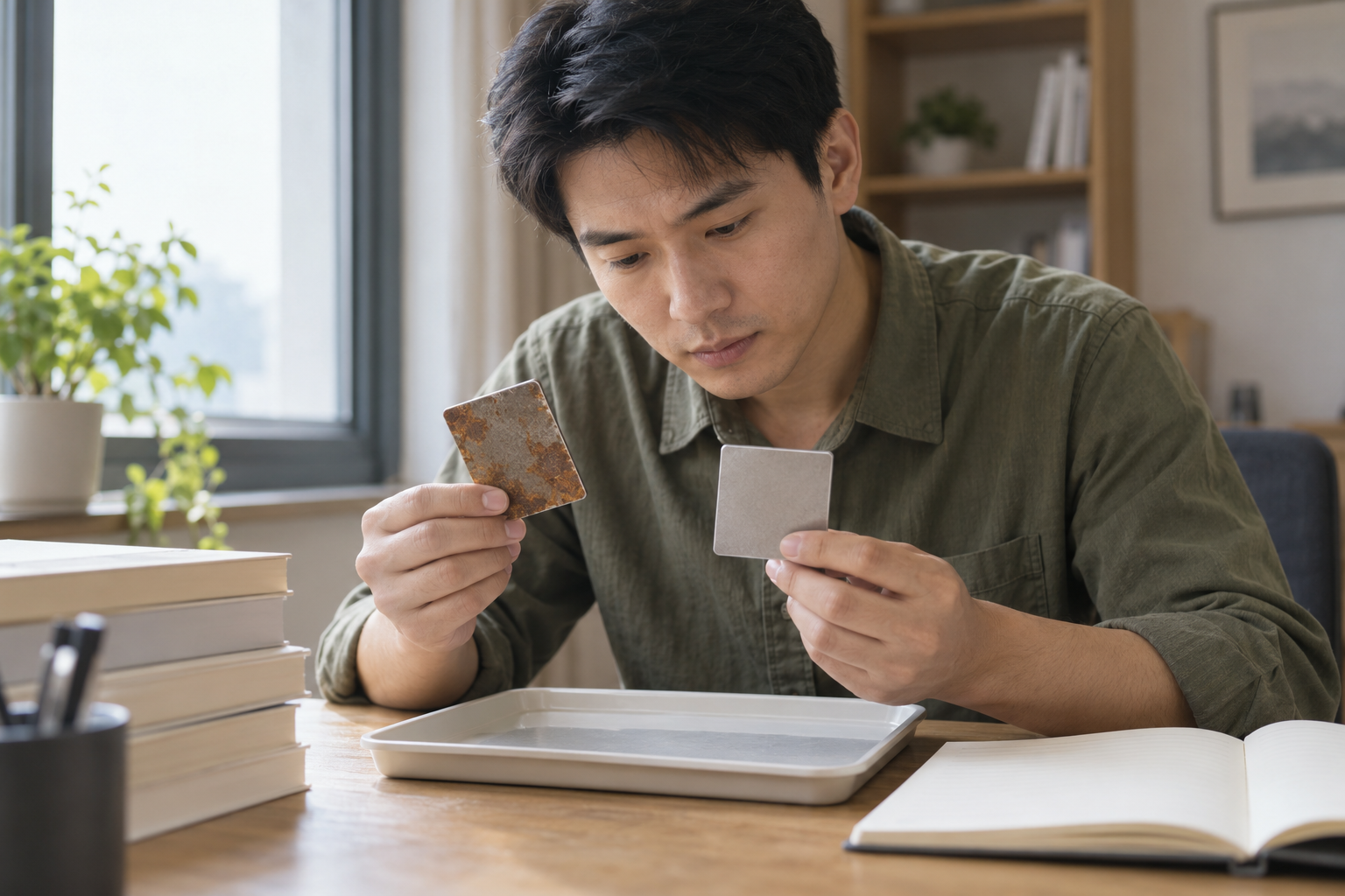 中国成年男考生在无字笔记旁观察一块带锈斑和一块洁净金属样片