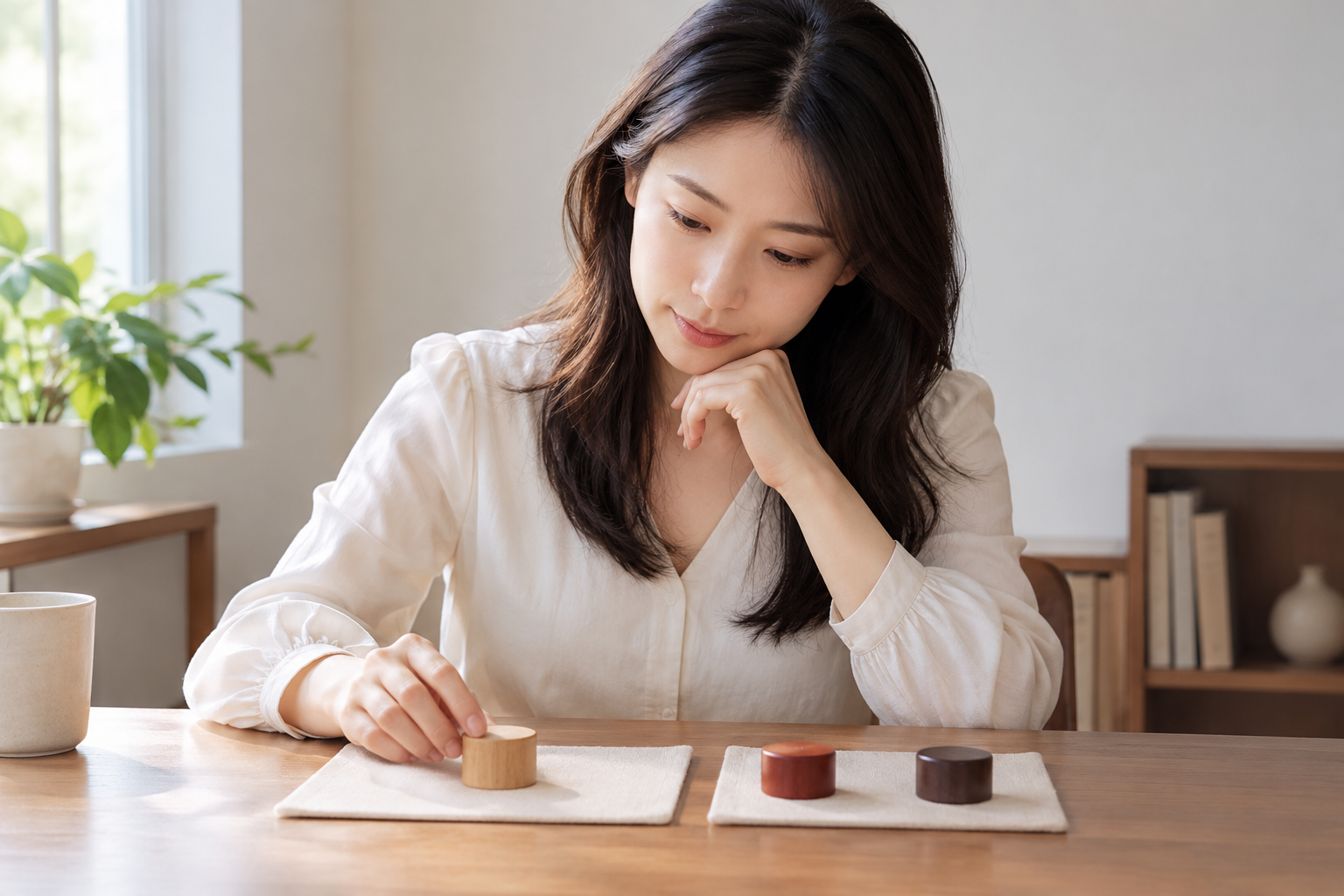 虚构中国成年女考生在两块无字桌垫旁比较不同颜色木质计数块
