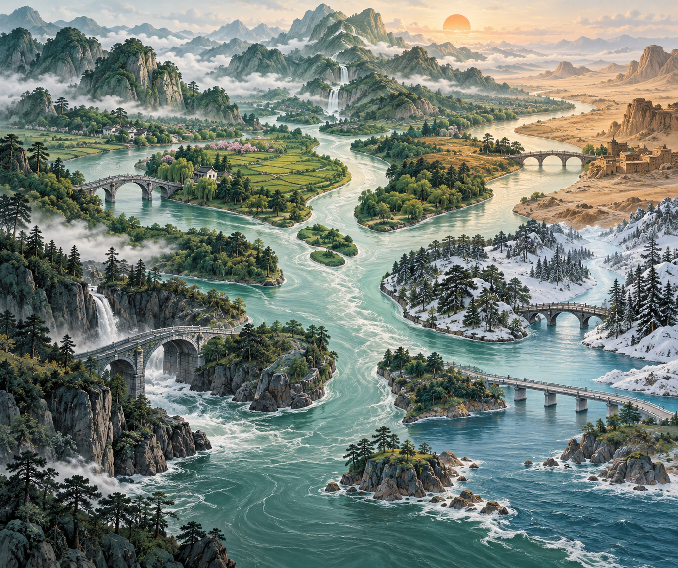 共同河系与不同地形分支的教育插画