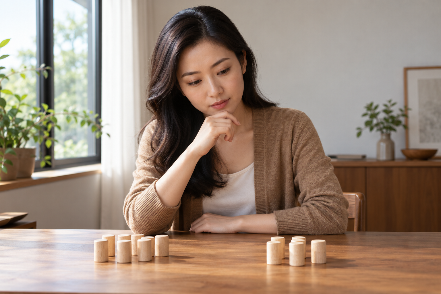 虚构中国成年女性比较书桌上彼此分开的两组素面小木柱