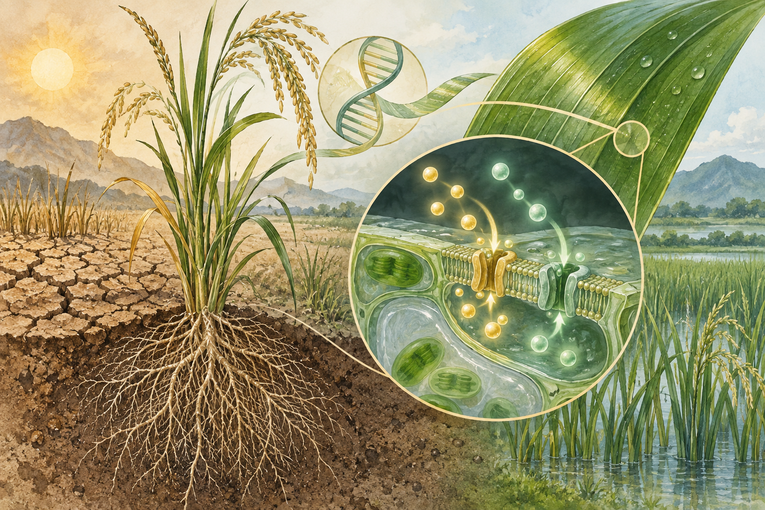 稻叶细胞膜与抗旱性研究概念插画