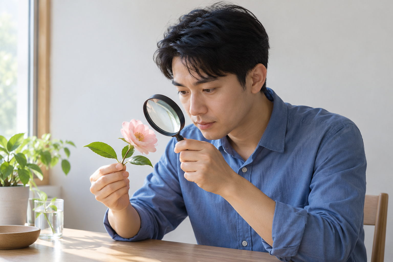 成年男性教师用放大镜观察一朵粉色花的外部结构