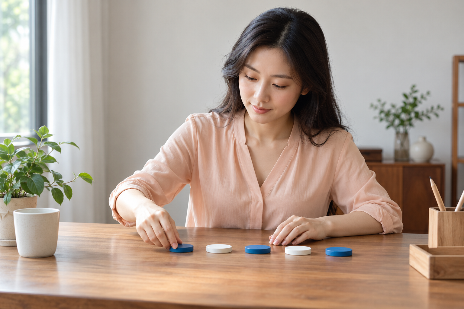 虚构中国成年女考生在桌面整理蓝白色圆片形成短序列