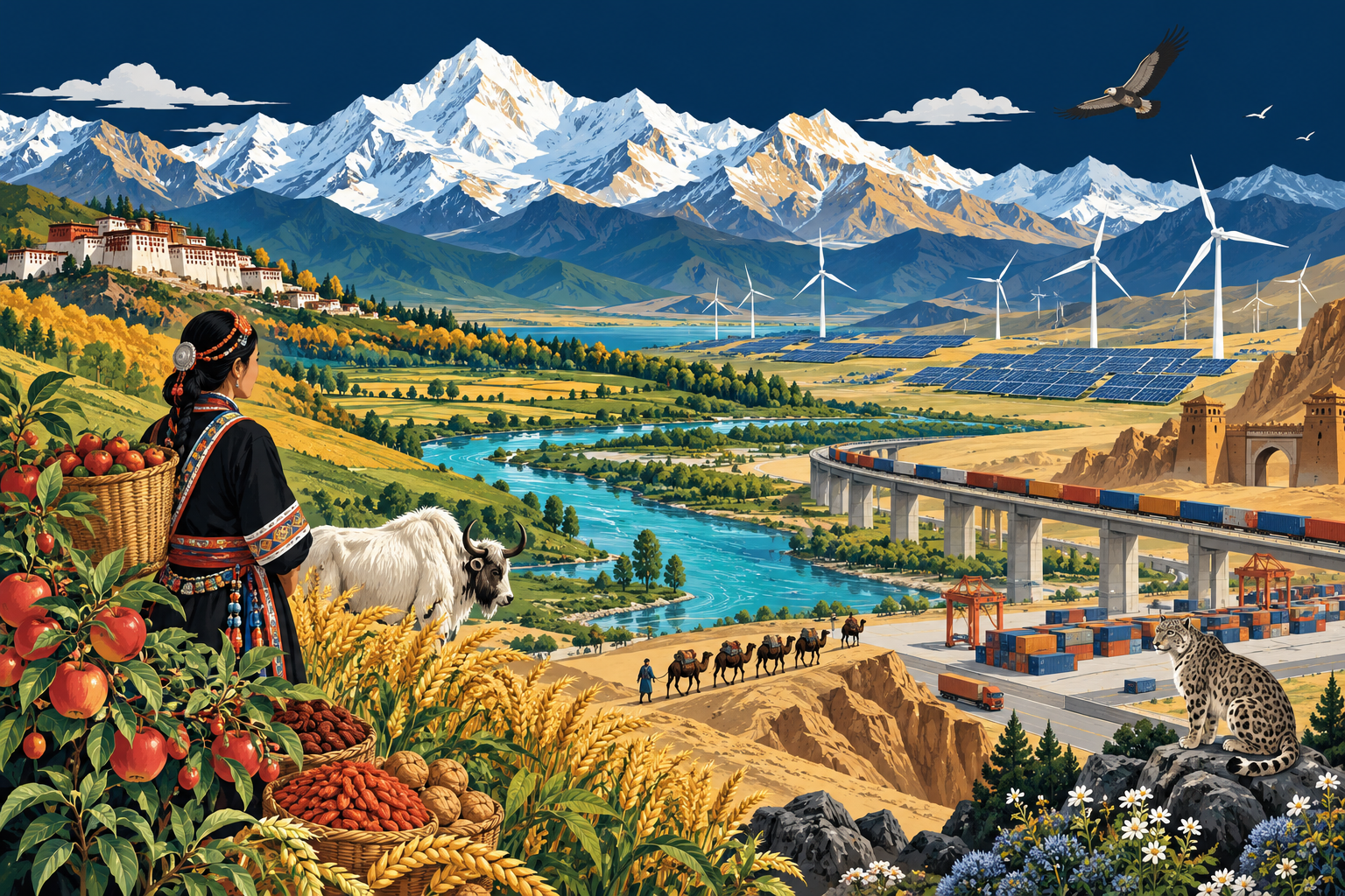 西部特色产业与开放通道城乡发展相互衔接的插画