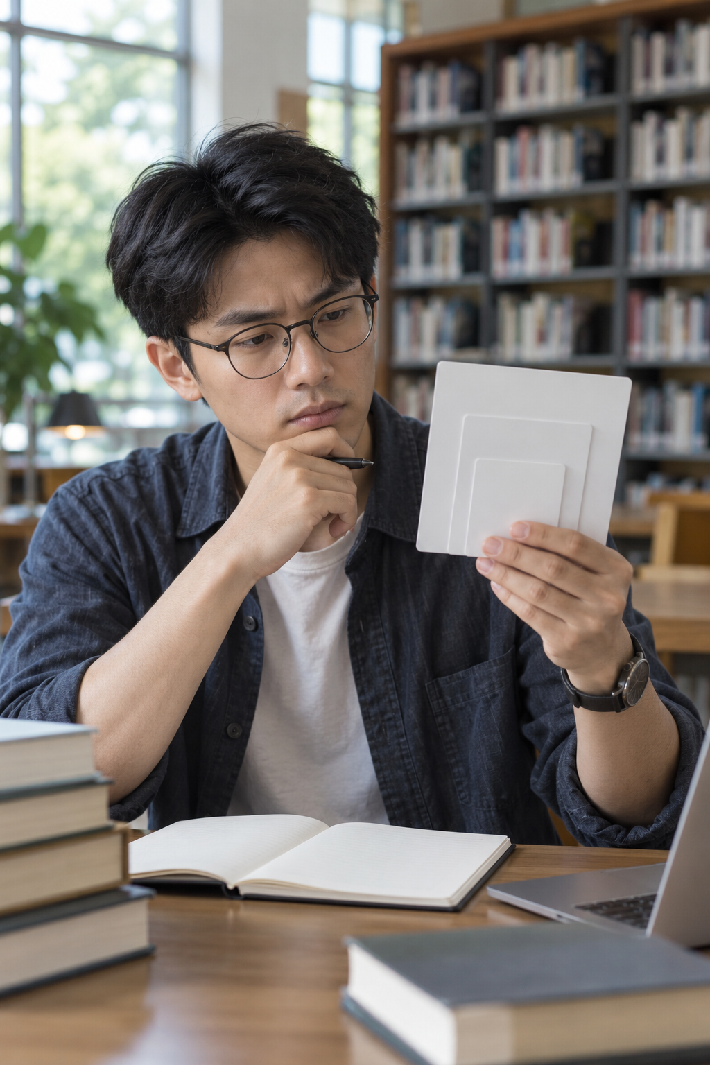 中国成年考生在图书馆比较不同大小的无字分类卡片