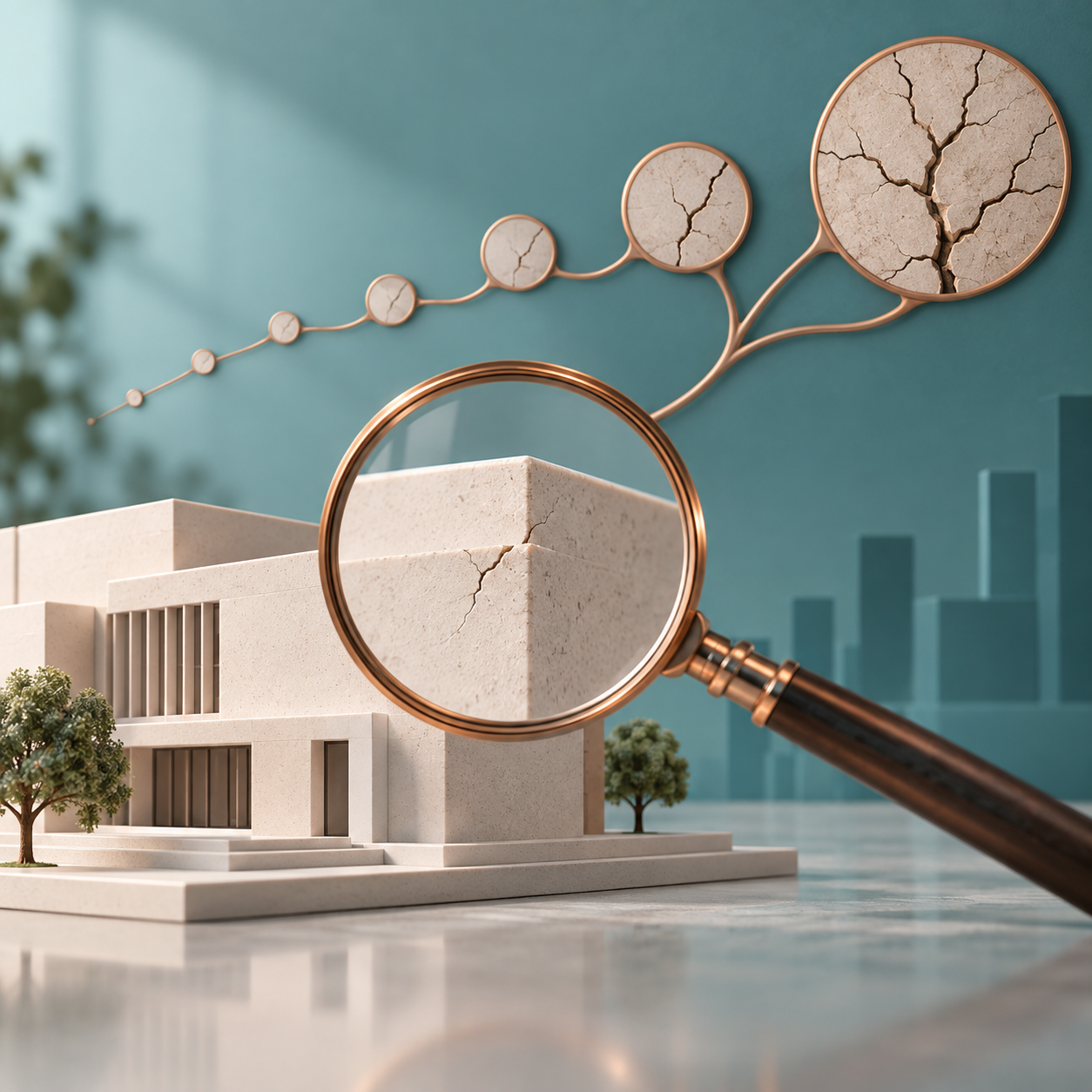 放大镜观察建筑细微裂纹的插画