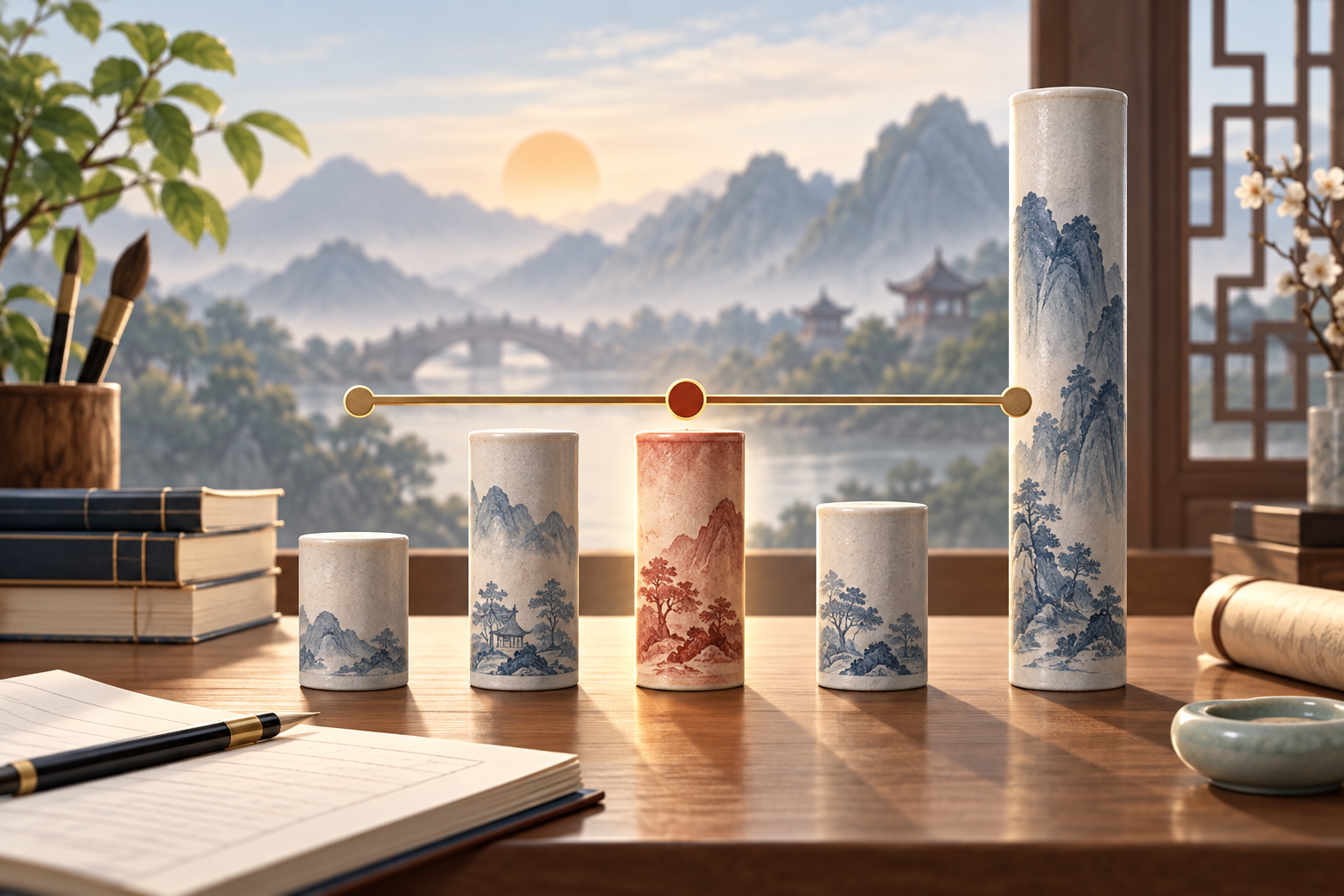一组高低不同的陶瓷柱中有一根特别高，提示均值与中间位置的差异
