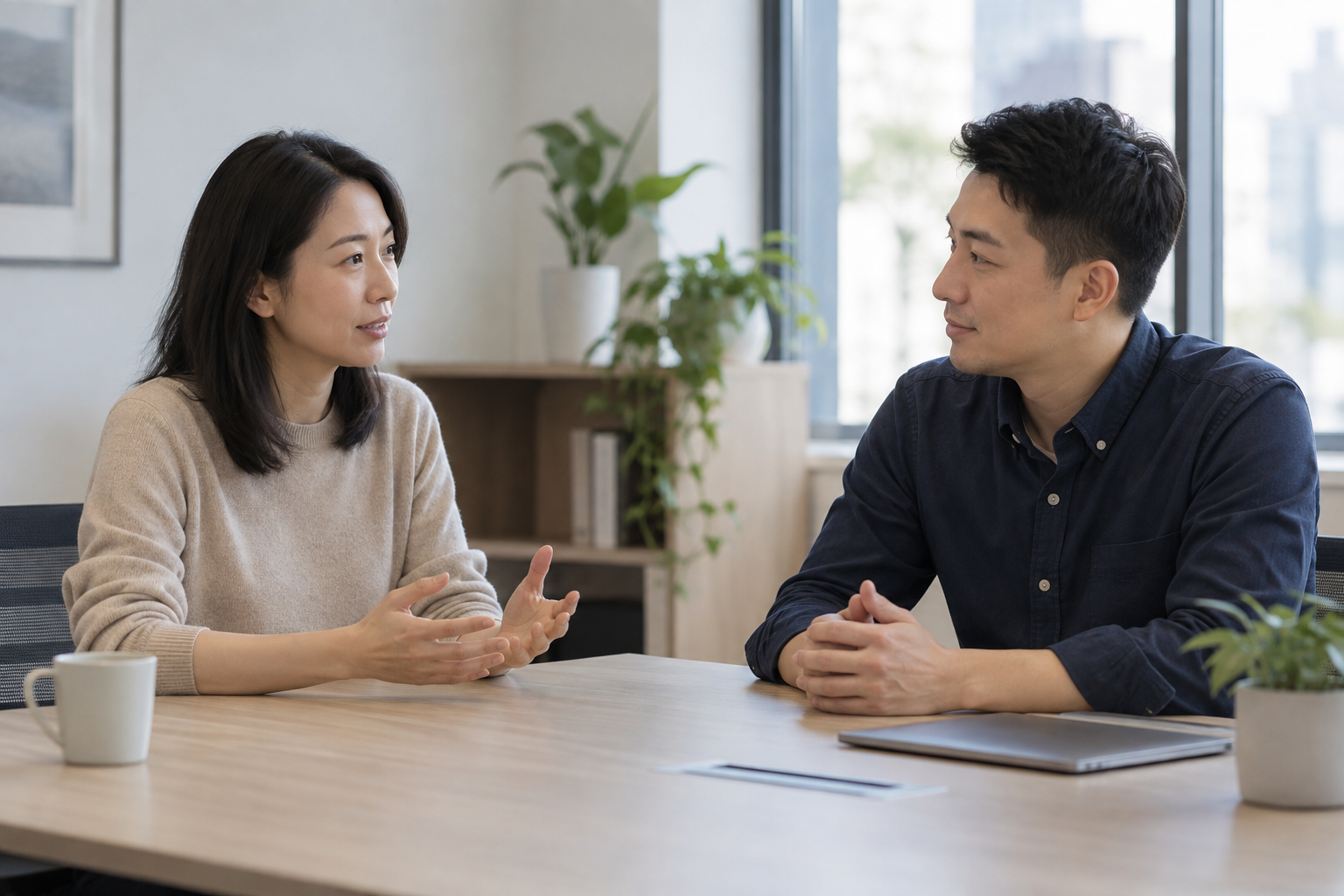 两名中国成年考生在自然光办公室进行克制可信的面试沟通练习