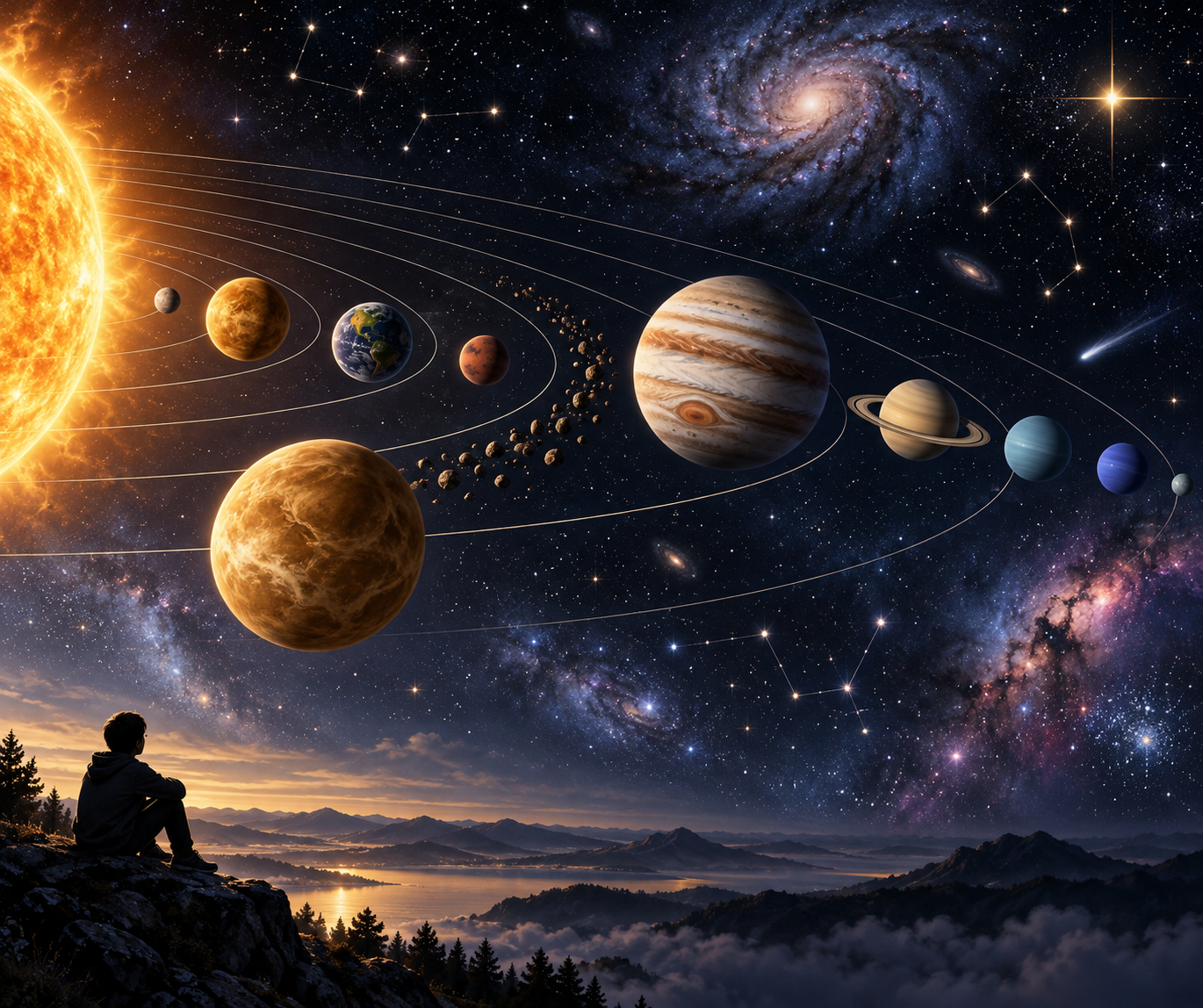 金星、木星轨道与遥远恒星的天文插画