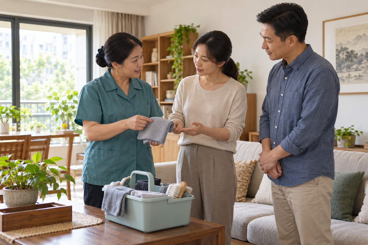家政服务人员、带教人员与居民沟通示意场景