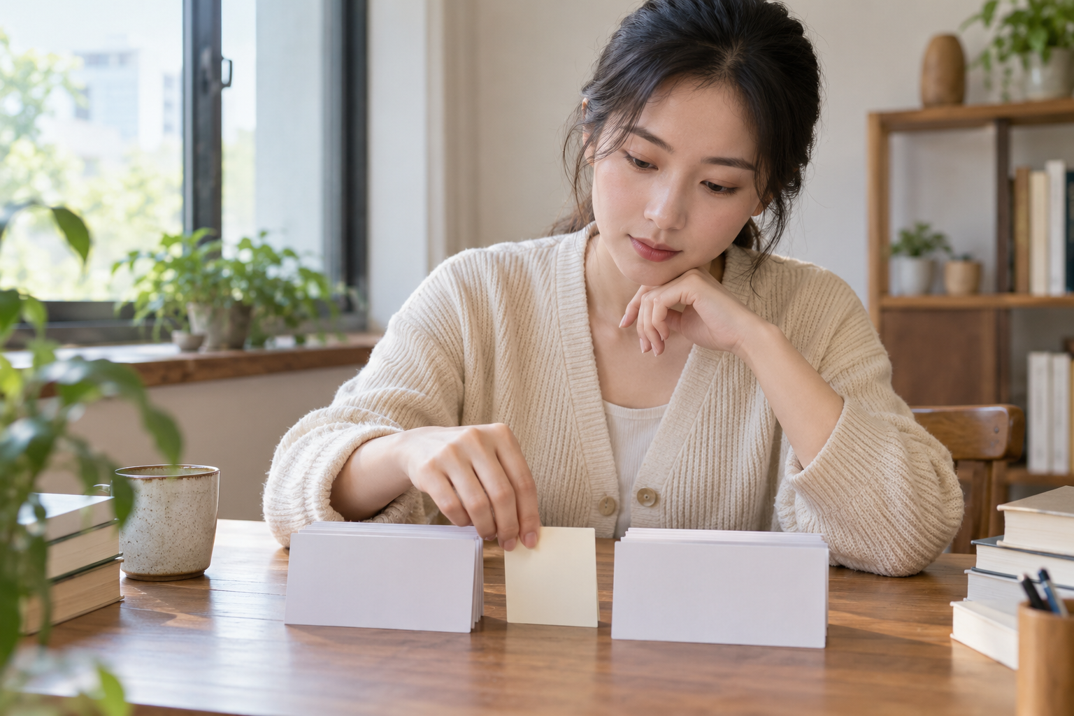 中国成年女考生在木桌上把空白纸卡插入两组纸卡之间并检查左右衔接