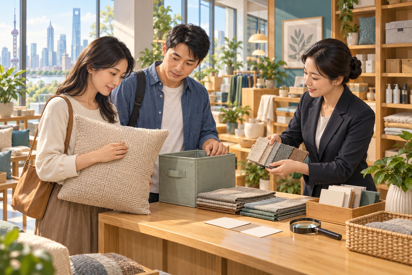 顾客与工作人员核对日用品材料和使用特点的示意场景