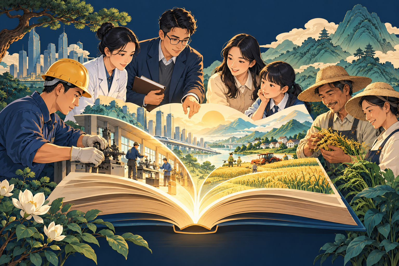 集体实践孕育知识树的教育插画