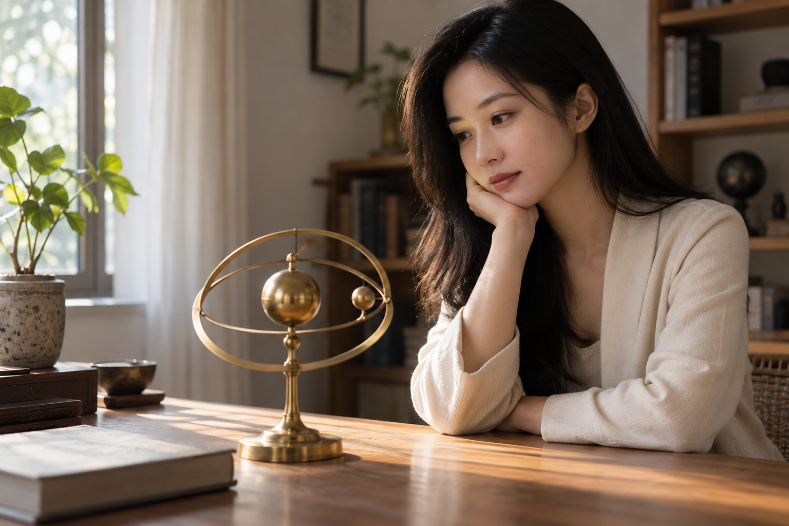 虚构中国成年女性在书房观察无标识金属球环道具思考行星角距