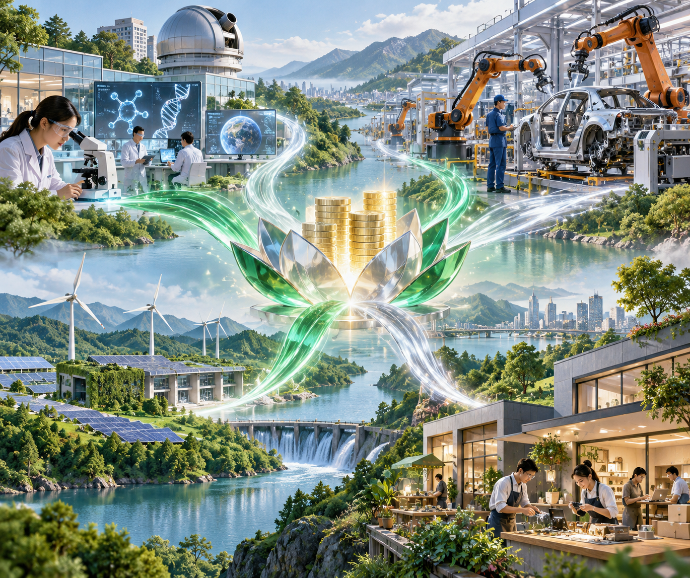 金融资源连接科研制造绿色与小微企业的教育插画